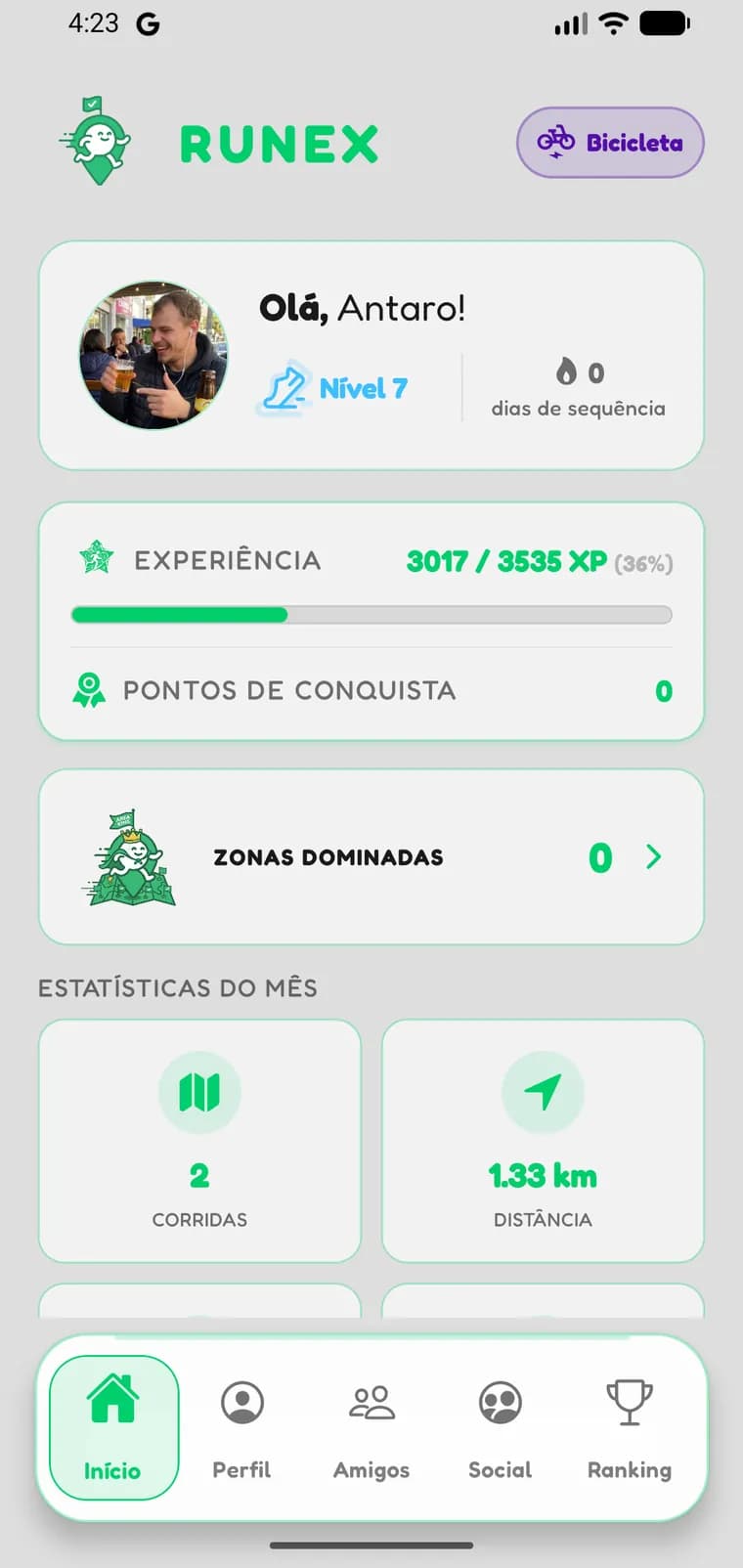 Tela de Início do Runex no modo Corrida
