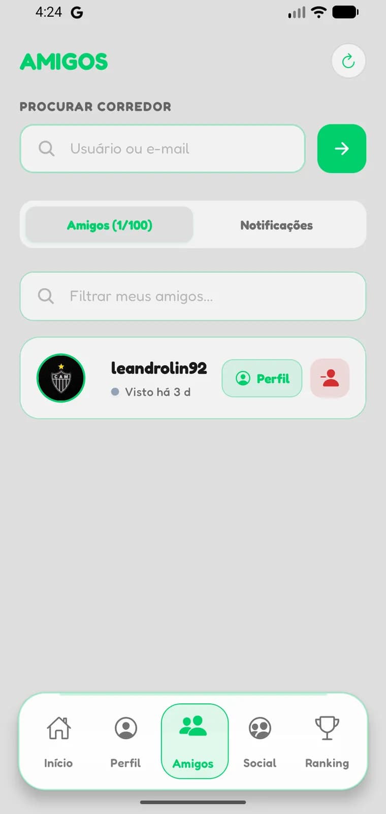 Lista de amigos no Runex