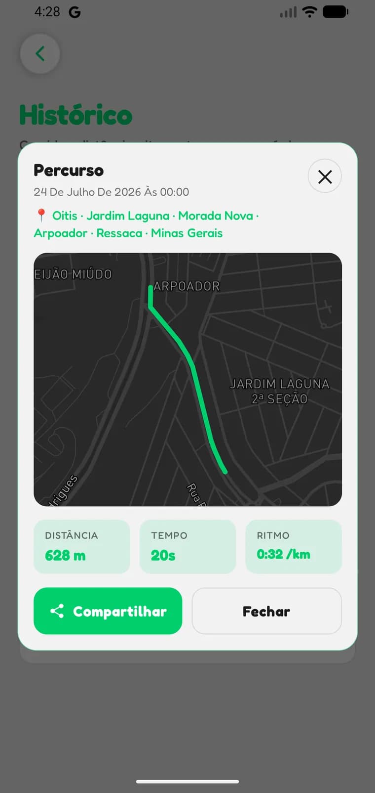 Detalhe de uma corrida do Runex com o trajeto desenhado no mapa