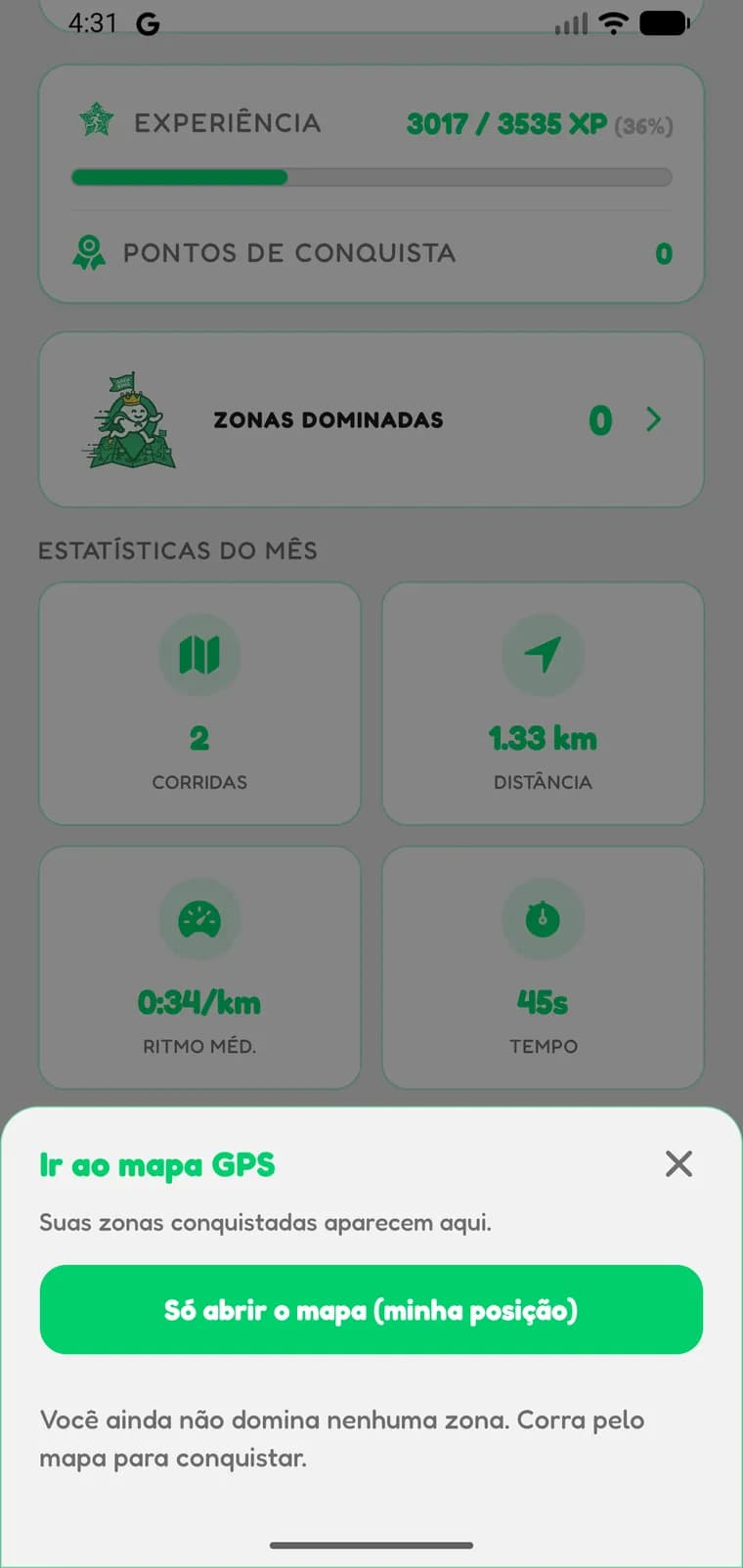 Tela de Início do Runex com o cartão Zonas Dominadas
