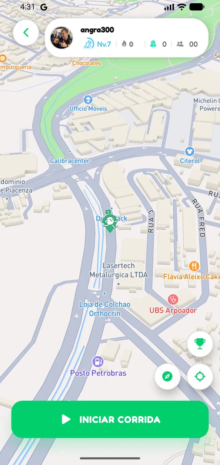 Mapa GPS do Runex em 3D, com o botão Iniciar corrida
