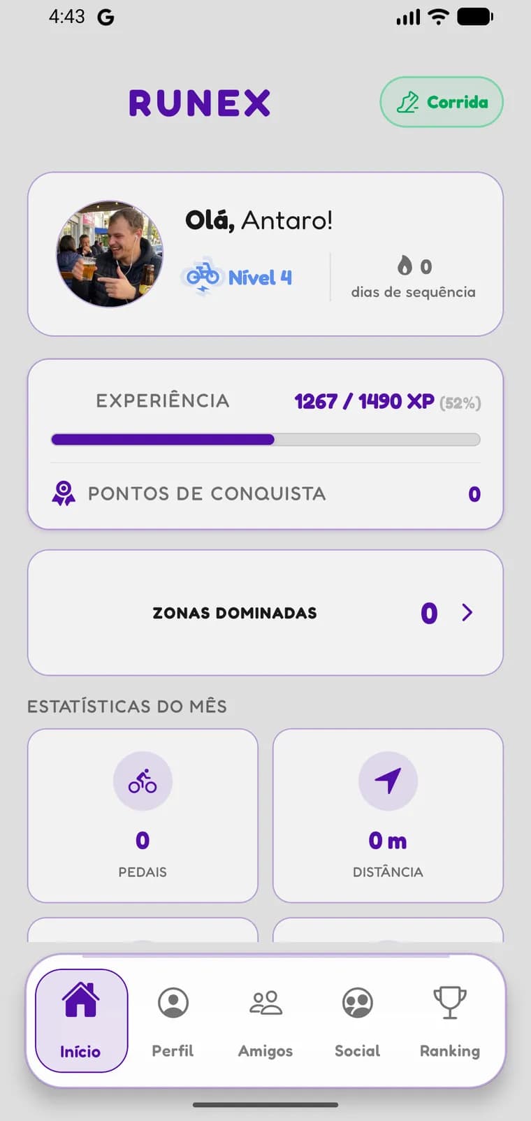 Tela de Início do Runex no modo Bike